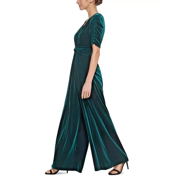 Vince Camuto Womens Velvet Twist-Front Jumpsuit Wide Legs Velour Hunter Green 14 - Picture 3 of 12